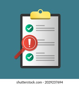 Portapapeles con un punto de exclamación y lupa. Lista de verificación. Control de calidad, inspección. icono comercial. caricatura plana para la idea de negocio, diseño web. ilustración vectorial