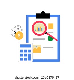 Clipboard with Financial Analysis, Magnifying Glass and Calculator in Flat Vector Illustration, Isolated on White Background