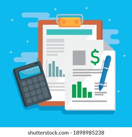 portapapeles y documentos financieros con diseño de ilustración de vector de calculadora