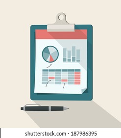 Clipboard With Financial Infographic. Clipboard, charts and graphs, background with shadow are separated and grouped in different layers