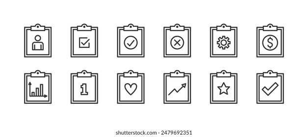 Iconos de línea plana de Portapapeles con diferentes símbolos, píxel perfecto, trazo editable, ilustración eps10 de Vector