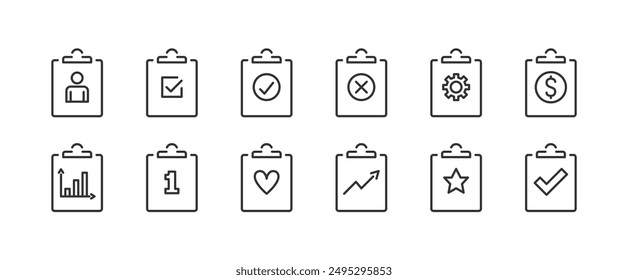 Clipboard flat line icons with different symbols, editable stroke, vector eps10 illustration