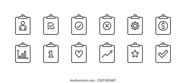 Clipboard flat line icons with different symbols, editable stroke, vector eps10 illustration