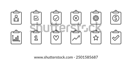 Clipboard flat line icons with different symbols, editable stroke, vector eps10 illustration