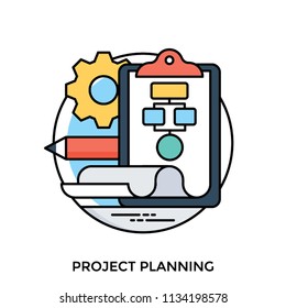 A clipboard with flowchart and a pencil along with cogwheel, notion for project planning 