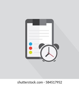 Clipboard folder with blank white sheet of paper. color icon . Sign alarm clock remi with the shadow