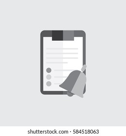 Clipboard folder with blank white sheet of paper with the shadow. Color icon. Sign reminder bell