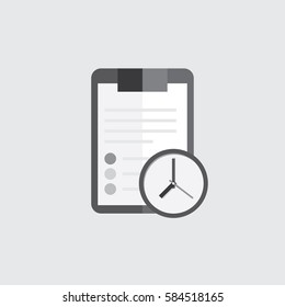 Clipboard folder with blank white sheet of paper. Black and white icon . Sign clock reminder