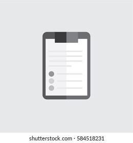 Clipboard folder with blank white sheet of paper. Black and white icon.