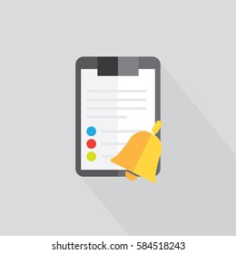 Clipboard folder with blank white sheet of paper with the shadow. Color icon. Sign reminder bell