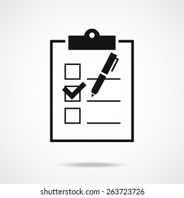 Clipboard form with pen and checklist icon. Vector illustration.