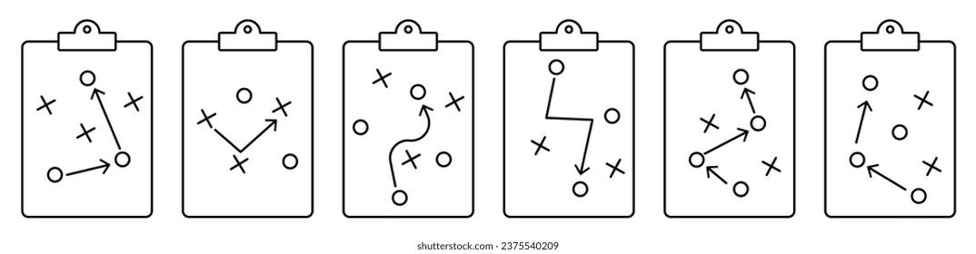 Clipboard game plan icons. Football coach strategy board. Vector illustration isolated on white background