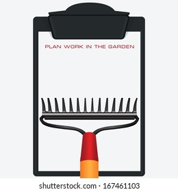 Clipboard with a garden rake - work planning the garden. Vector illustration.