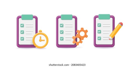 Clipboard with gear, Check list with clock icon, Clipboard task and pencil. Project management, time planning vector 3d.