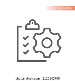 Clipboard and gear cogwheel line vector icon. Data, task checklist outlined symbol.