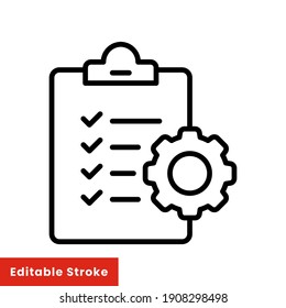 Portapapeles e icono de engranaje. Estilo de línea de concepto de administración de proyectos. Lista de comprobación de soporte técnico con cog. Concepto de desarrollo de software. Ilustración vectorial para web y aplicación. EPS de trazo editable 10