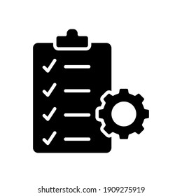 Clipboard and gear icon. Project management concept solid style. Technical support check list with cog. Software development concept. Vector illustration for web and app. EPS 10