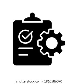 Clipboard and gear icon. Project management concept solid style. Technical support check list with cog. Software development concept. Vector illustration for web and app. EPS 10