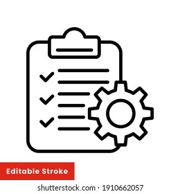 Clipboard And Gear Icon. Project Management Concept Line Style. Technical Support Check List With Cog. Software Development Concept. Vector Illustration For Web And App. Editable Stroke EPS 10