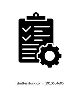 Clipboard and gear icon. Project management concept solid style. Technical support check list with cog. Software development concept. Vector illustration for web and app. EPS 10