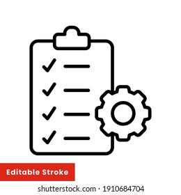 Clipboard and gear icon. Project management concept line style. Technical support check list with cog. Software development concept. Vector illustration for web and app. Editable stroke EPS 10