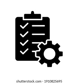 Clipboard and gear icon. Project management concept solid style. Technical support check list with cog. Software development concept. Vector illustration for web and app. EPS 10