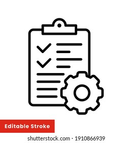 Clipboard And Gear Icon. Project Management Concept Line Style. Technical Support Check List With Cog. Software Development Concept. Vector Illustration For Web And App. Editable Stroke EPS 10