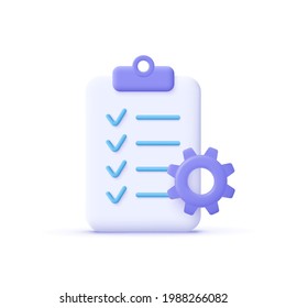 Clipboard and gear icon. Project management, software development concept. Checklist with cog. 3d vector illustration.