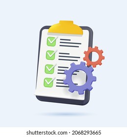 Clipboard and gear icon. Project management, software development concept. Checklist with cog. 3d vector illustration. Data organized, Document project, Project management, Planning, Monitoring icon.