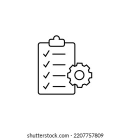 Portapapeles e icono de engranaje. Estilo de línea de concepto de administración de proyectos. Lista de comprobación de soporte técnico con cog. Concepto de desarrollo de software. Ilustración vectorial para web y aplicación.