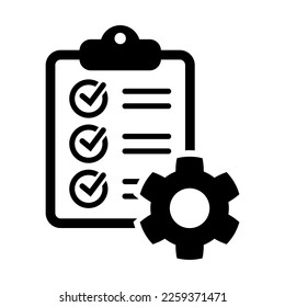 Clipboard and gear icon. Project management concept flat style. Technical support check list with cog. Software development concept. Vector illustration for web and app.