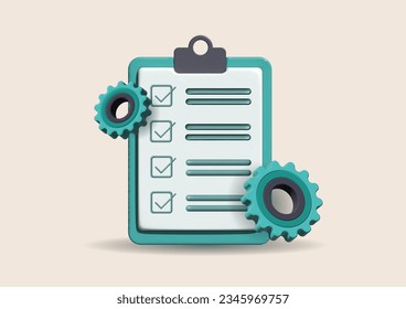 Clipboard and gear icon. Project management, software development concept. Checklist with cog. 3d vector illustration.