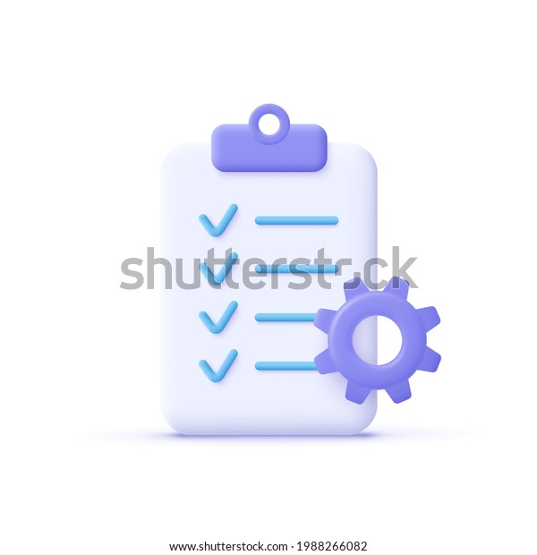 Clipboard and
gear icon. Project management, software development concept.
Checklist with cog. 3d vector
illustration.