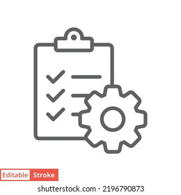 Clipboard with gear icon. Simple outline style. Project order, work, setting, technical support check list concept. Line vector illustration isolated on white background. Editable stroke EPS 10.