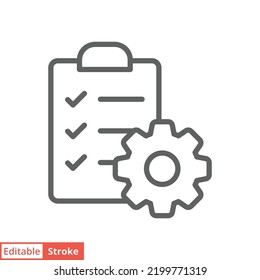 Clipboard with gear icon. Simple outline style. Project order, work, setting, technical support check list concept. Line vector illustration isolated on white background. Editable stroke EPS 10.