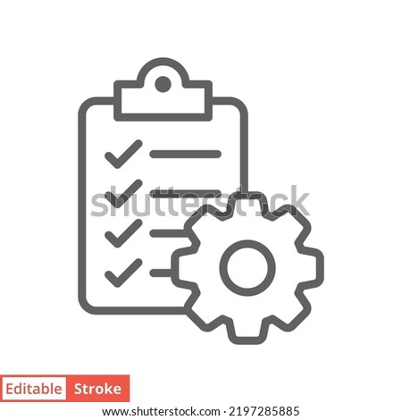 Clipboard with gear icon. Simple outline style. Project order, work, setting, technical support check list concept. Line vector illustration isolated on white background. Editable stroke EPS 10.