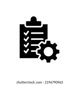 Portapapeles con icono de engranaje. Estilo sólido simple. Orden del proyecto, trabajo, configuración, lista de comprobación de soporte técnico, concepto de gestión. Ilustración vectorial de glifo aislada en fondo blanco. EPS 10.