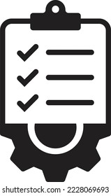 Clipboard with gear icon. Technical support check list  symbol.