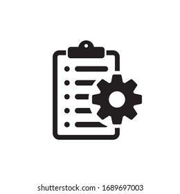 Clipboard with gear isolated icon. Technical support check list icon. Management flat icon concept. Software development.