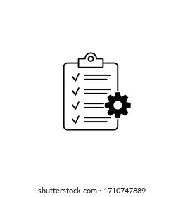 Clipboard with gear isolated icon. Technical support check list icon. Management flat icon concept. Software development.