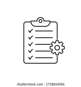 Clipboard with gear isolated icon. Technical support check list icon. Management flat icon concept. Software development.