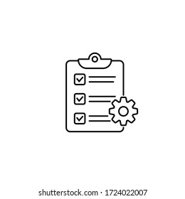 Portapapeles con icono aislado de engranajes. Icono de lista de comprobación de soporte técnico. Concepto de icono plano de administración. Desarrollo de software.