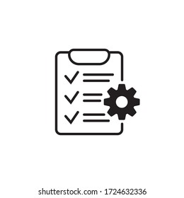 Clipboard with gear isolated icon. Technical support check list icon. Management flat icon concept. Software development.