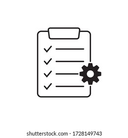 Clipboard with gear isolated icon. Technical support check list icon. Management flat icon concept. Software development.