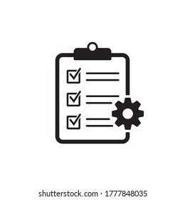 Clipboard with gear isolated icon. Technical support check list icon. Management flat icon concept. Software development.