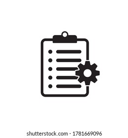 Clipboard with gear isolated icon. Technical support check list icon. Management flat icon concept. Software development.