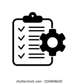 Clipboard with gear isolated icon. Technical support check list icon. Management flat icon concept. Software development.