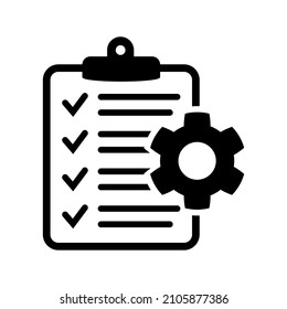 Clipboard with gear isolated icon. Technical support check list icon. Management flat icon concept. Software development.