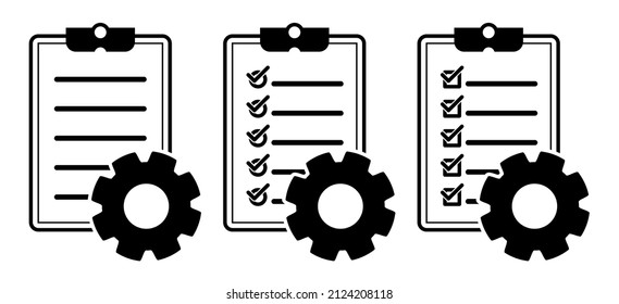 Clipboard with gear isolated icon. Technical support check list icon. Management flat icon concept. Software development.