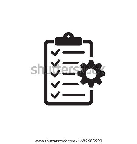 Clipboard with gear isolated icon. Technical support check list icon. Management flat icon concept. Software development.